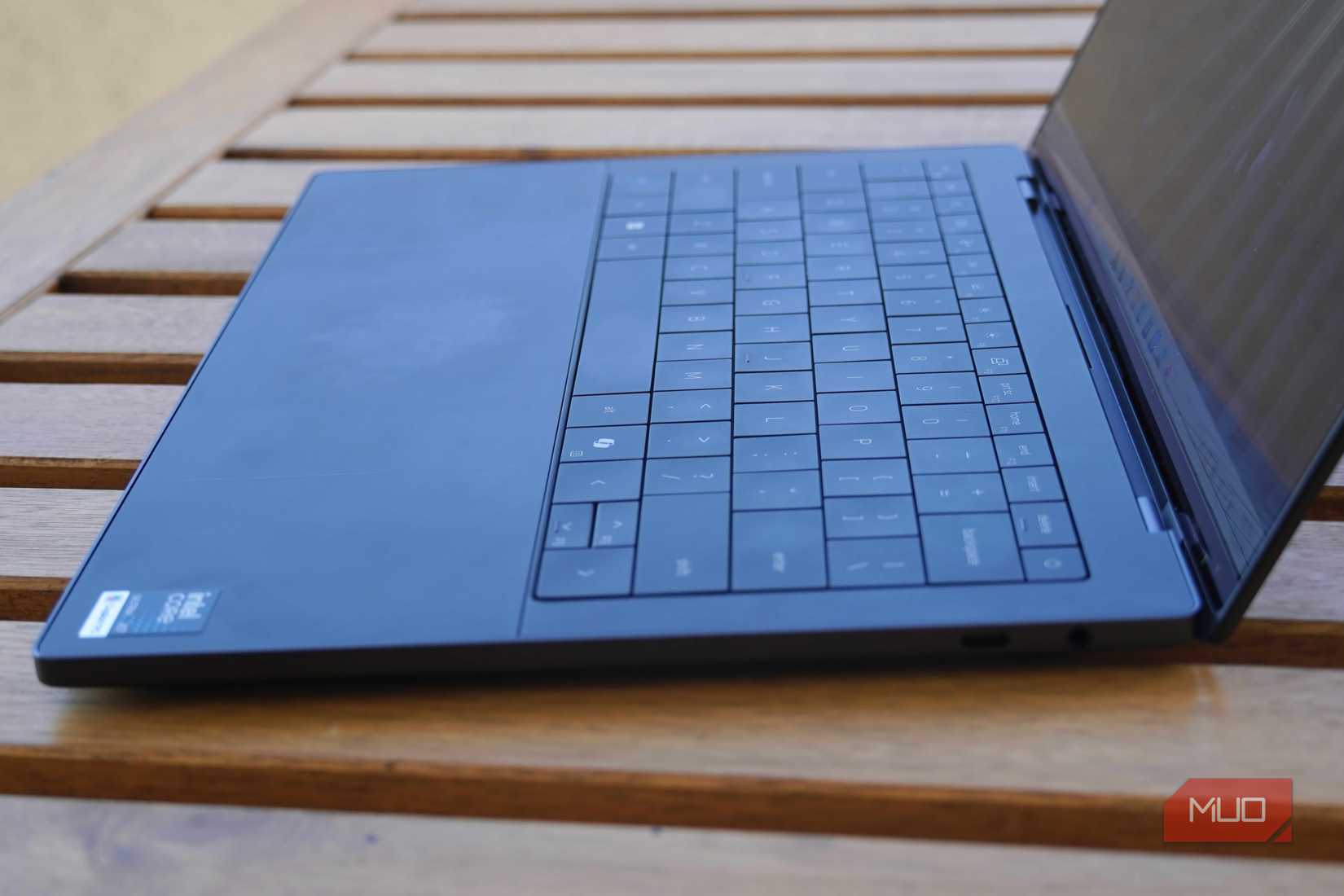 A side view of the XPS 14's ports and keyboard.