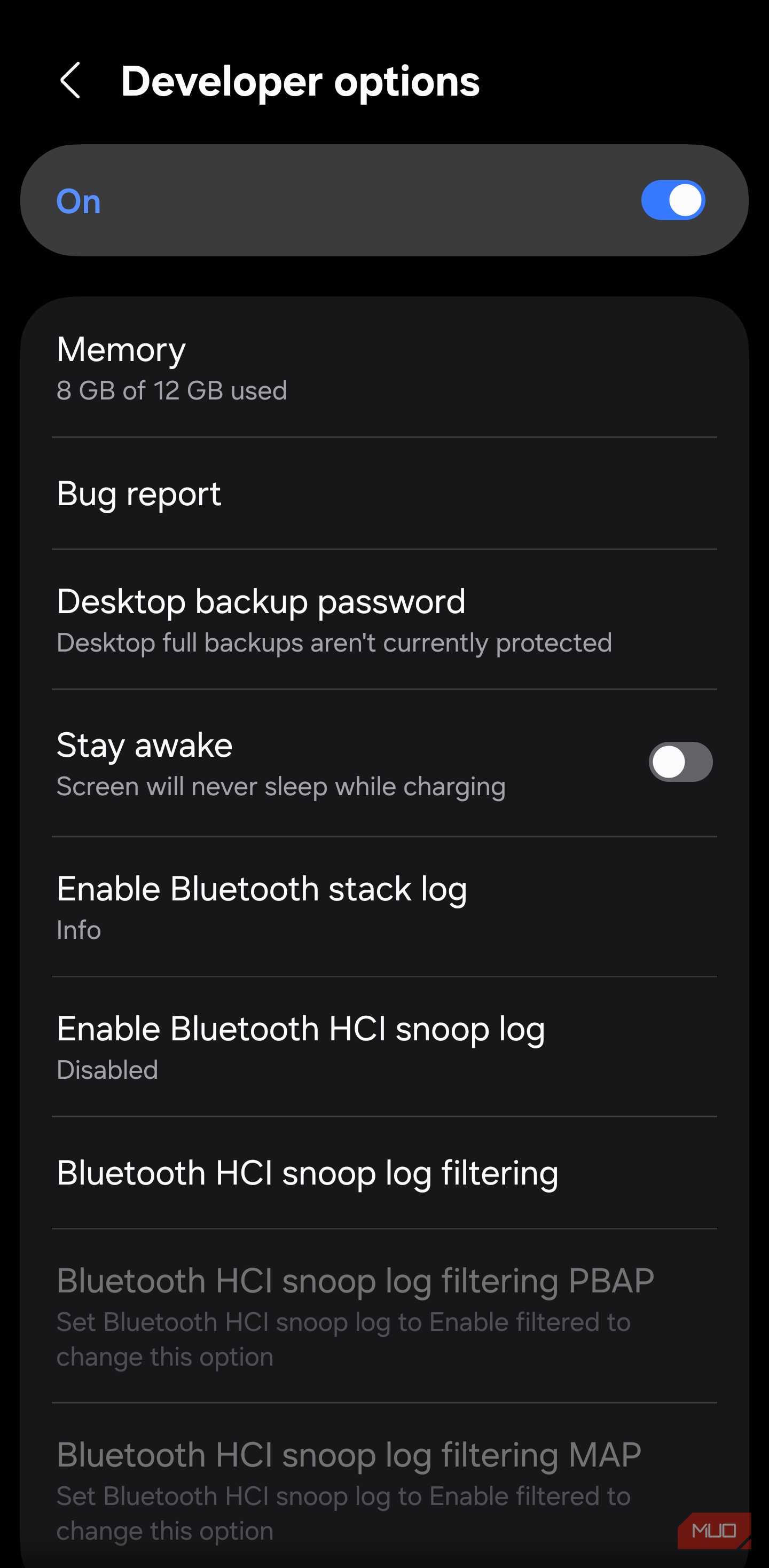 Developer Options menu on Samsung phone