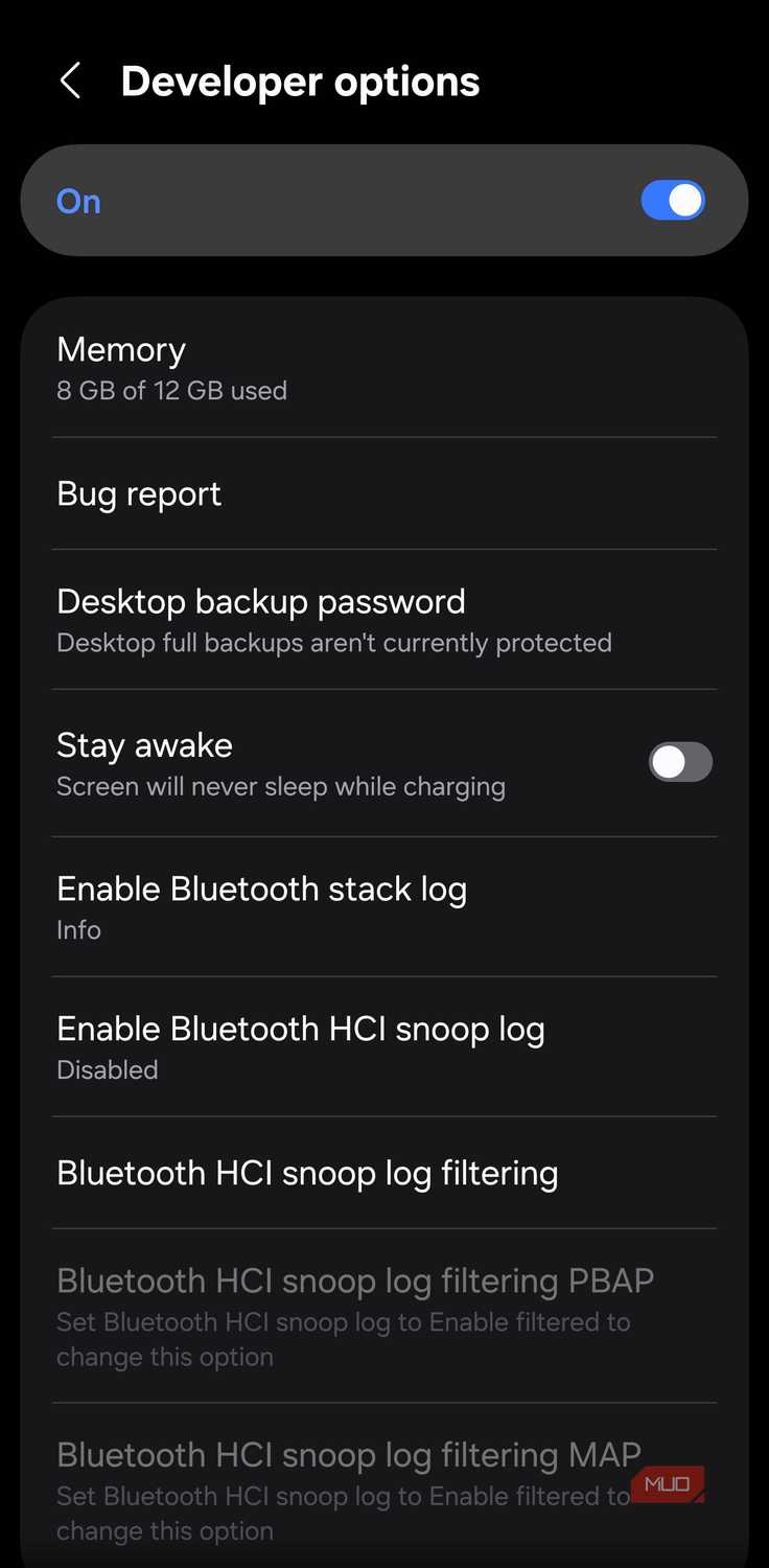 Developer Options menu on Samsung phone