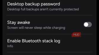 Developer Options menu on Samsung phone