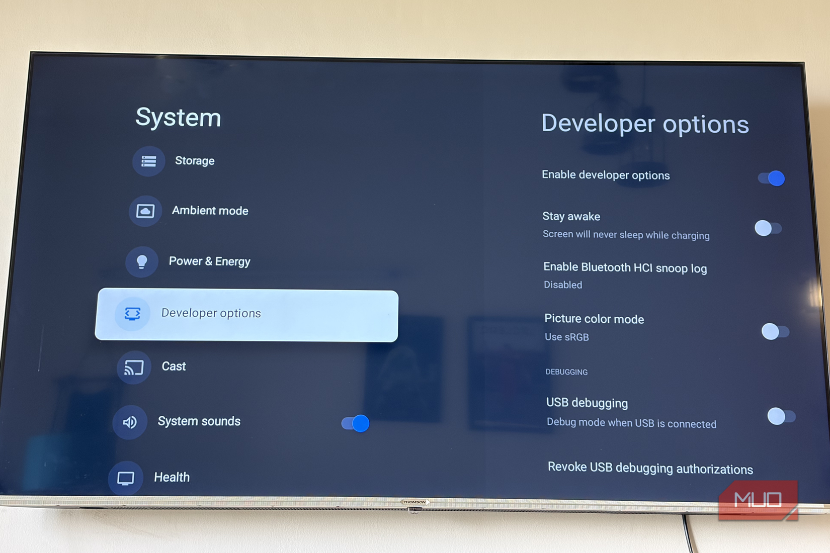 Developer options menu opened on smart TV