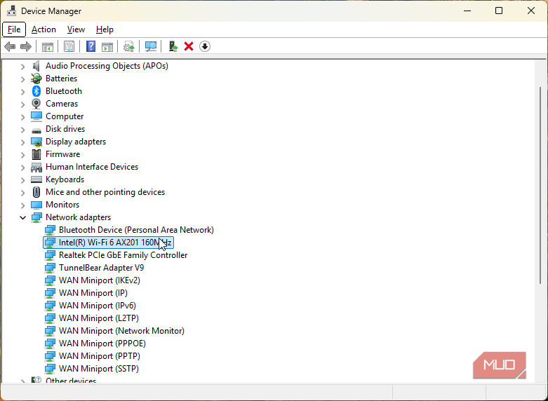 Device manager with Wi-Fi adapter selected