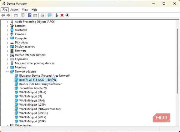 Device manager with Wi-Fi adapter selected