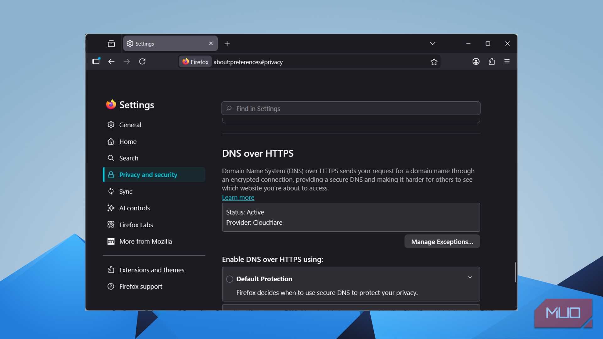 Firefox Privacy and Security settings showing DNS over HTTPS active with Cloudflare as provider