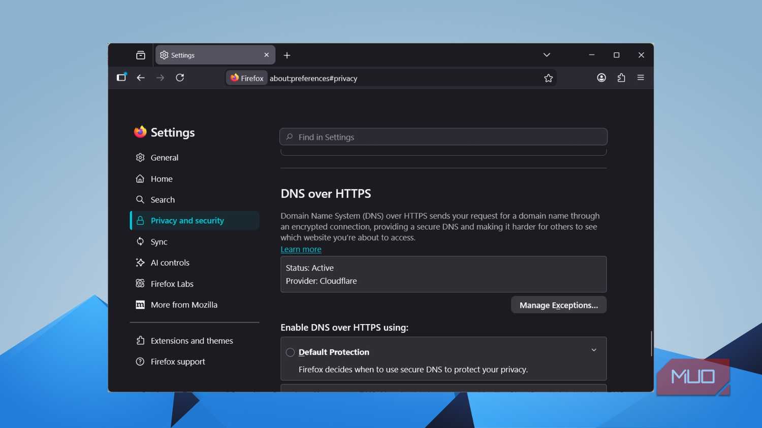 Firefox Privacy and Security settings showing DNS over HTTPS active with Cloudflare as provider