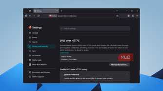 Firefox Privacy and Security settings showing DNS over HTTPS active with Cloudflare as provider
