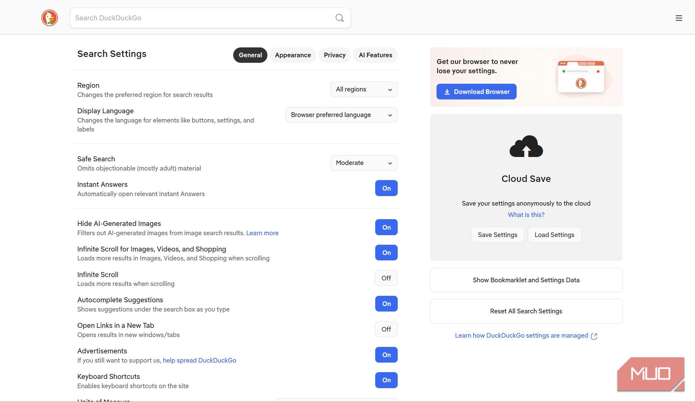 DuckDuckGo Search settings page