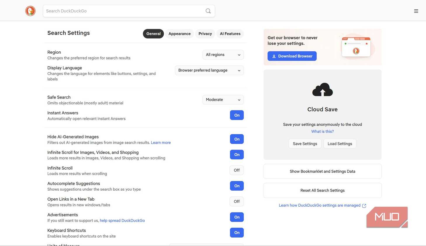 DuckDuckGo Search settings page
