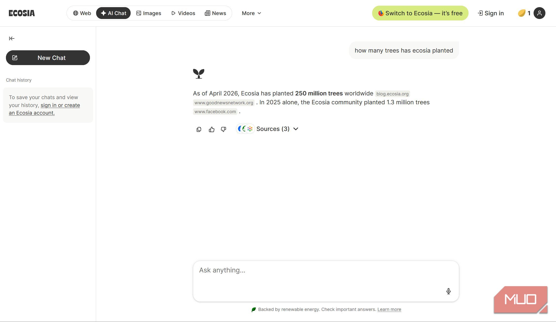 Ecosia AI chat page