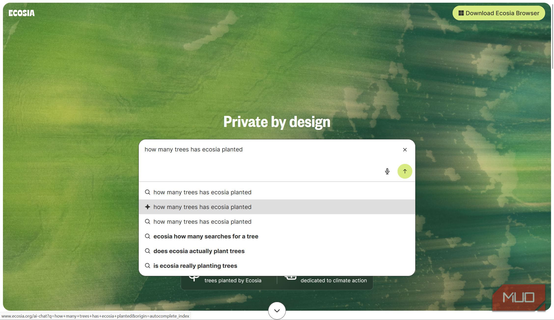Ecosia search drop-down