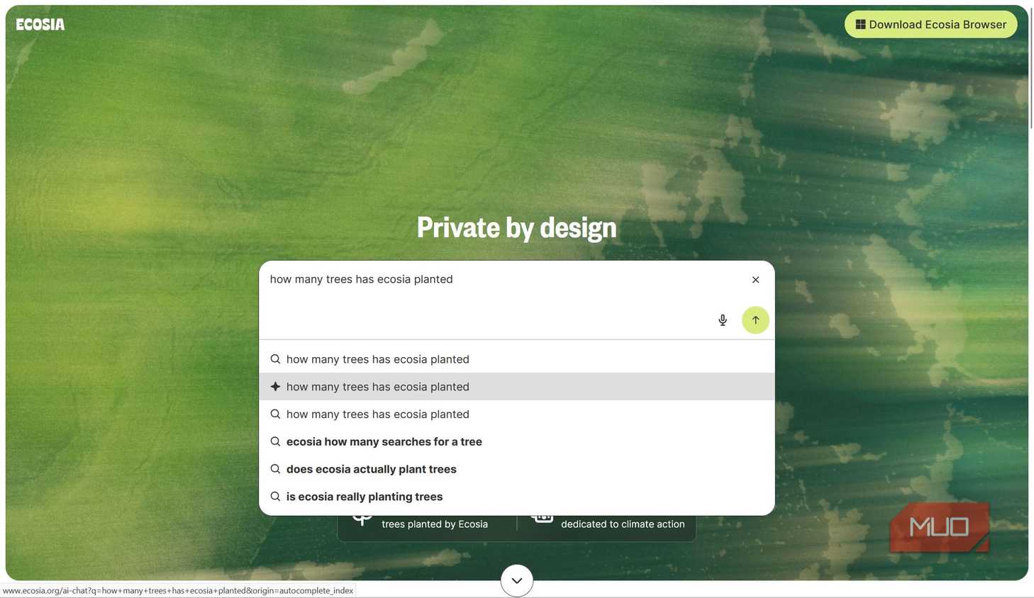 Ecosia search drop-down