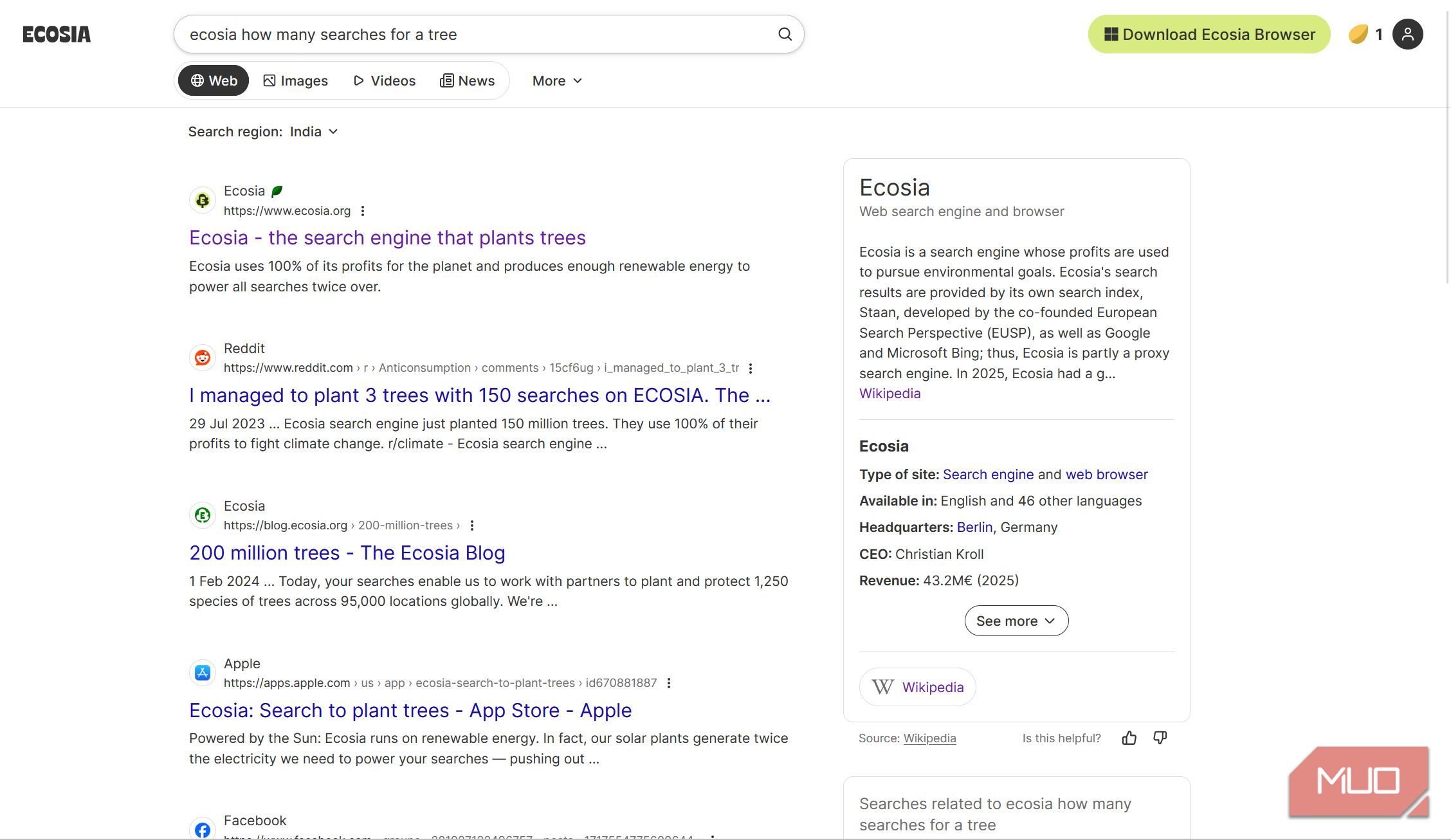 Ecosia search results page