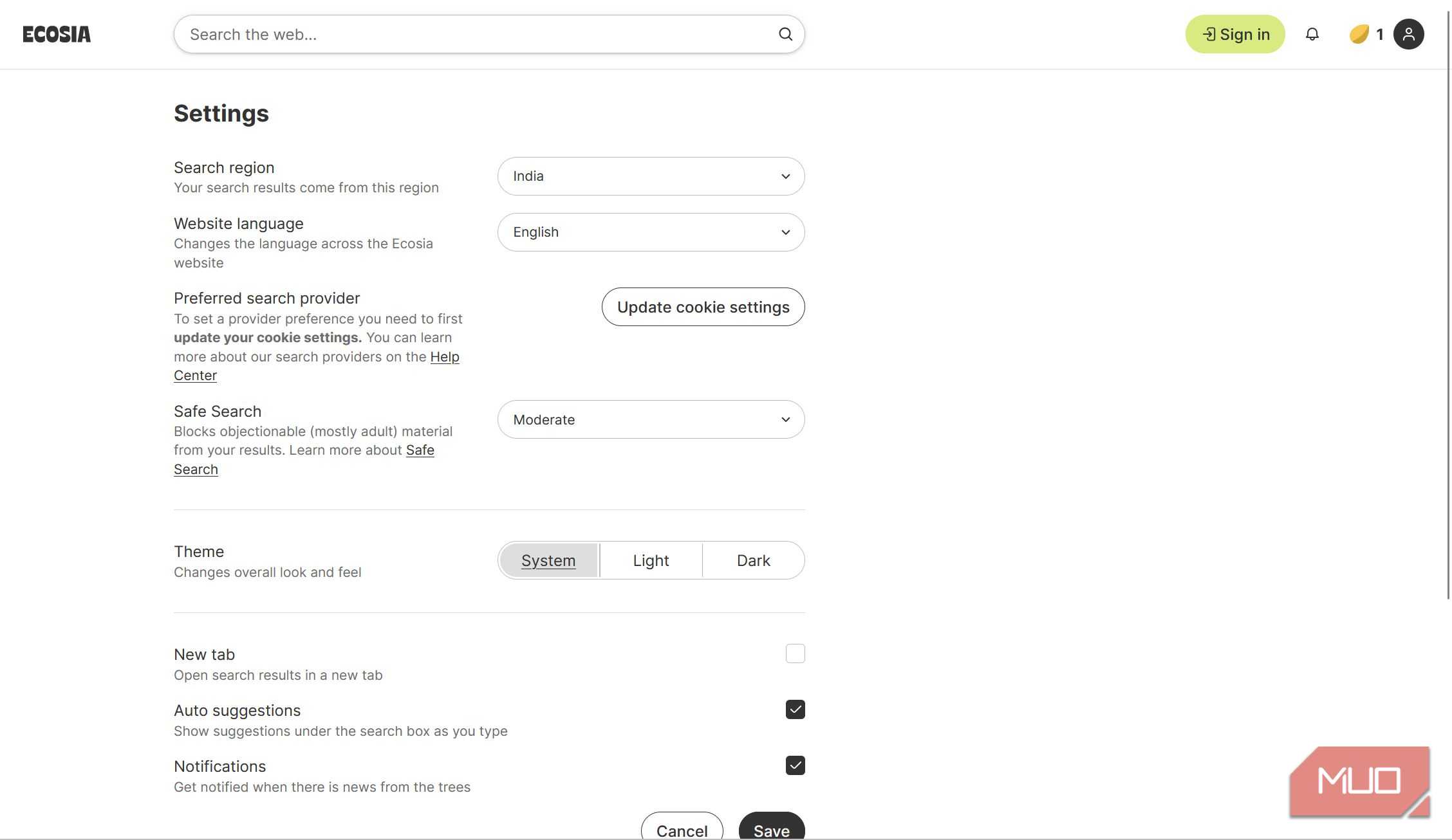 Ecosia settings page