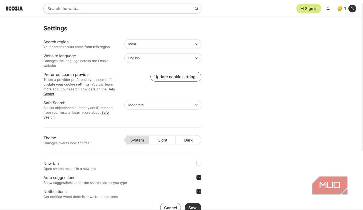 Ecosia settings page