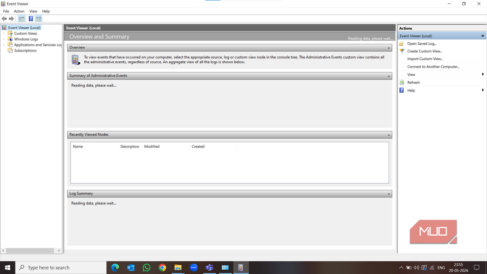 Event Viewer showing system logs and error details