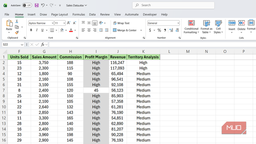 Everything highlighted except the number 45 in Excel.