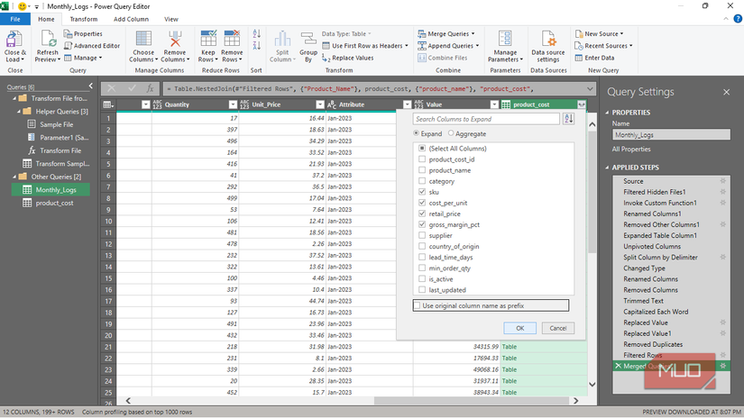 Expanding the new table added to the existing Monthly_Log Query in Power Query in Excel.
