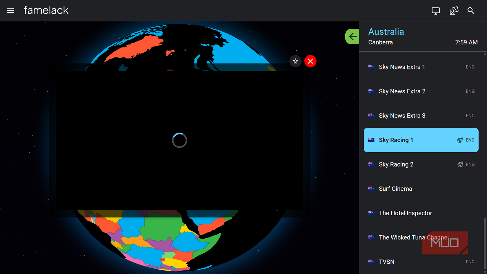 famelack TV interface displaying a locked Australian channel Sky Racing 1.