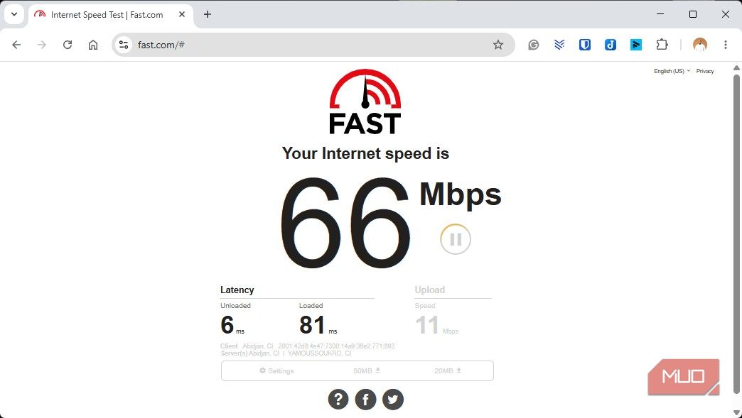 Fast dot com speed test result