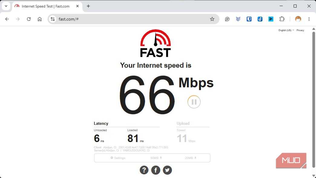 Fast dot com speed test result