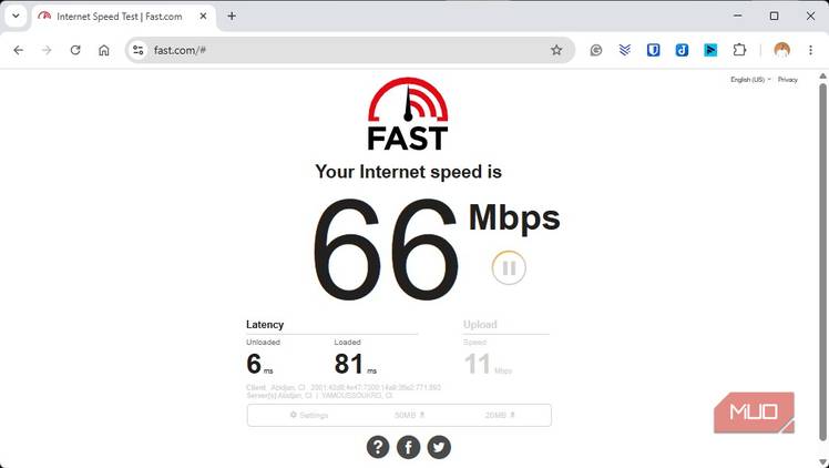 Fast dot com speed test result