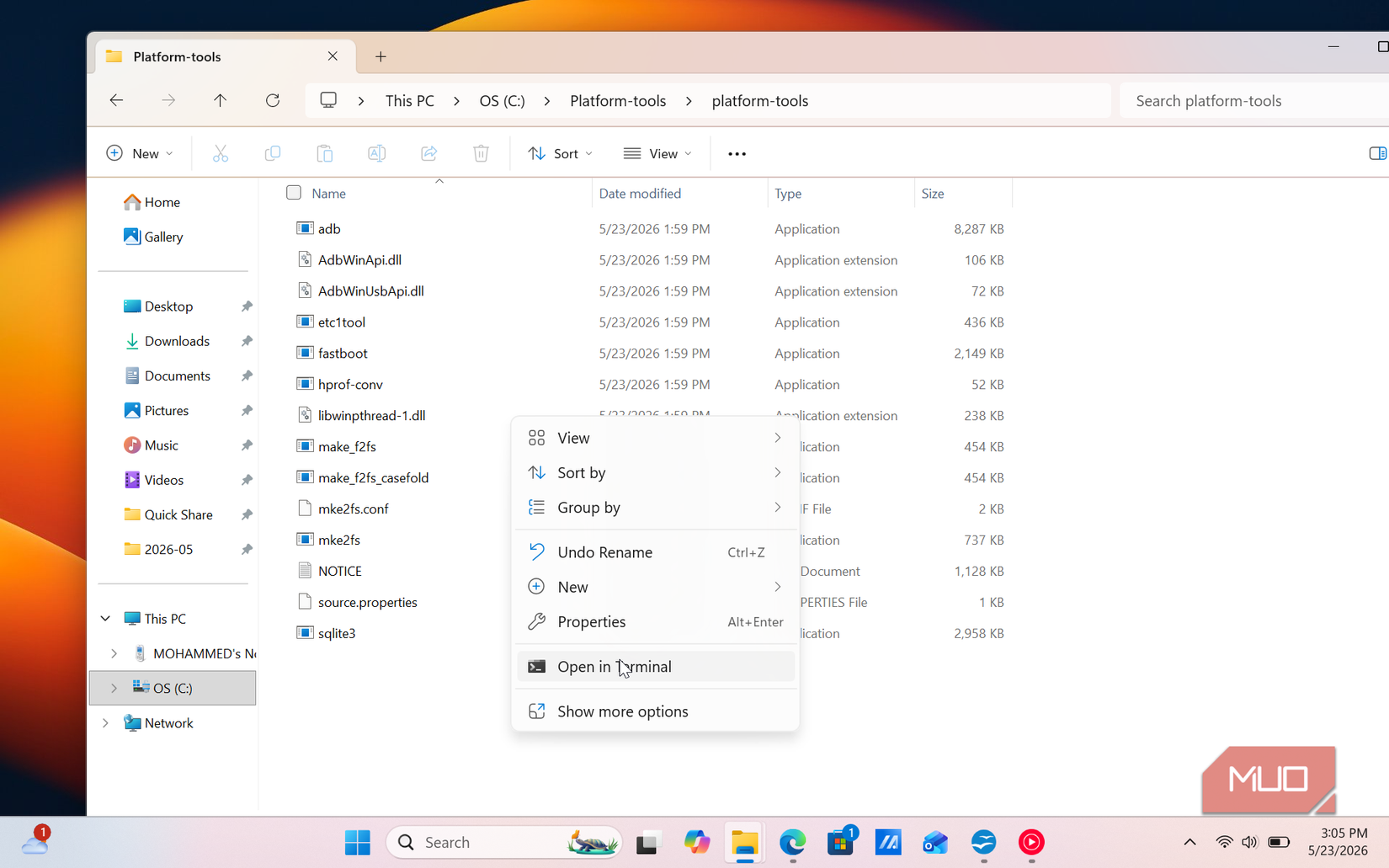 File Explore right click context menu in the Adb folder