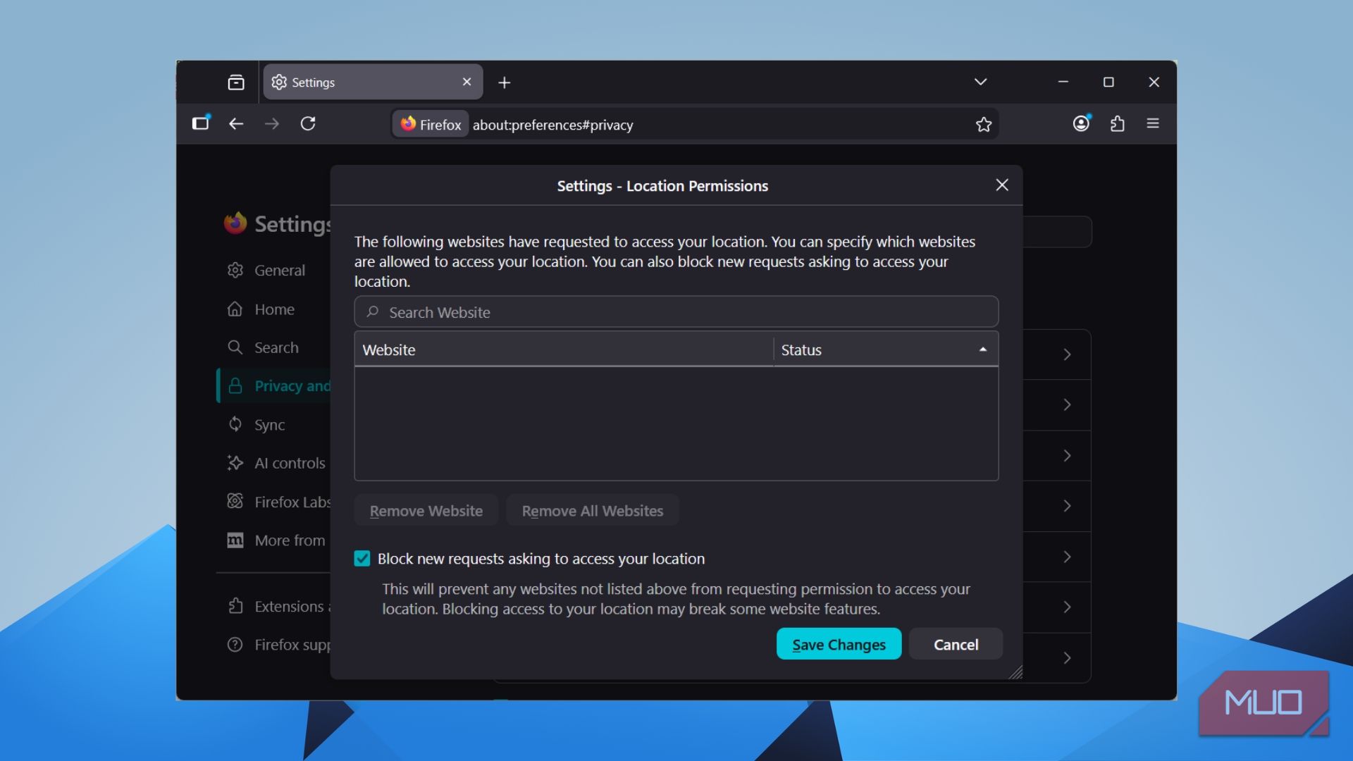 Firefox Location Permissions dialog with "Block new requests" option checked
