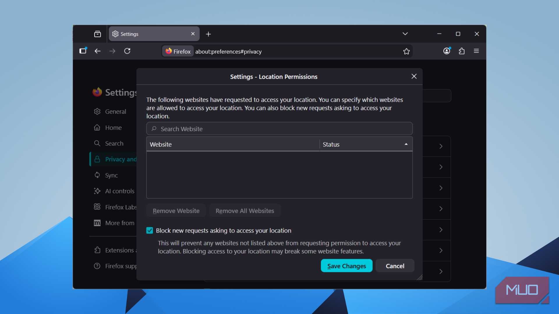 Firefox Location Permissions dialog with "Block new requests" option checked