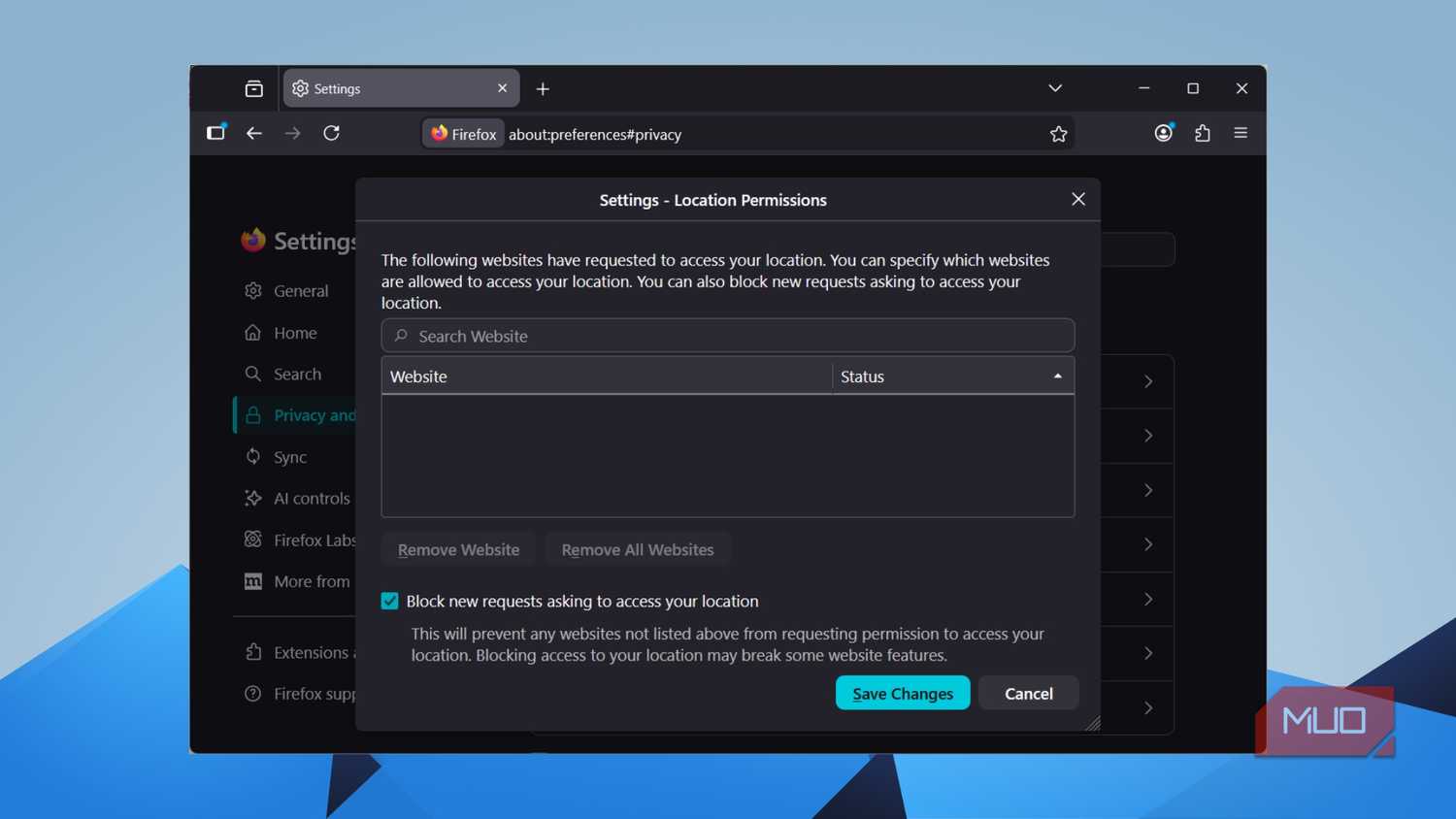 Firefox Location Permissions dialog with "Block new requests" option checked