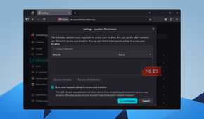 Firefox Location Permissions dialog with "Block new requests" option checked