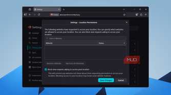 Firefox Location Permissions dialog with "Block new requests" option checked