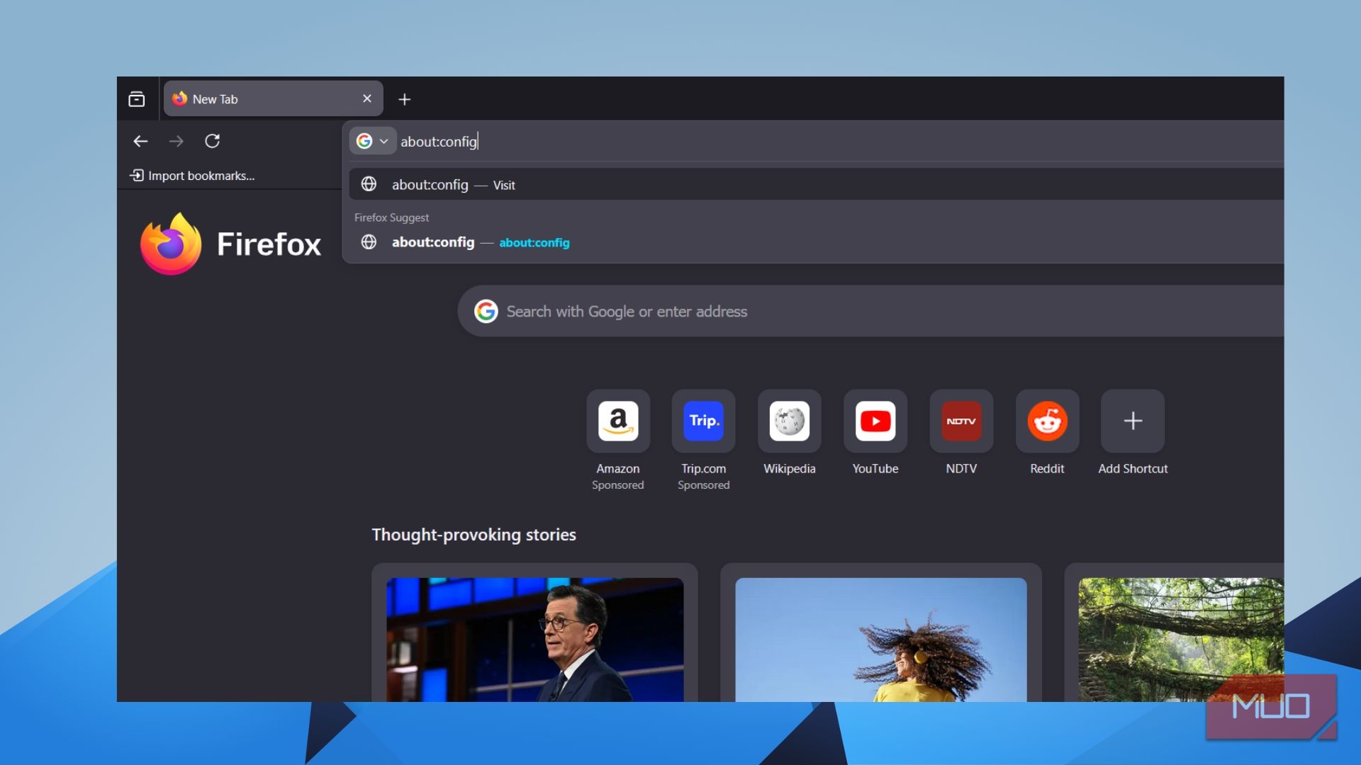 Firefox address bar with about:config typed and autocomplete suggestions shown