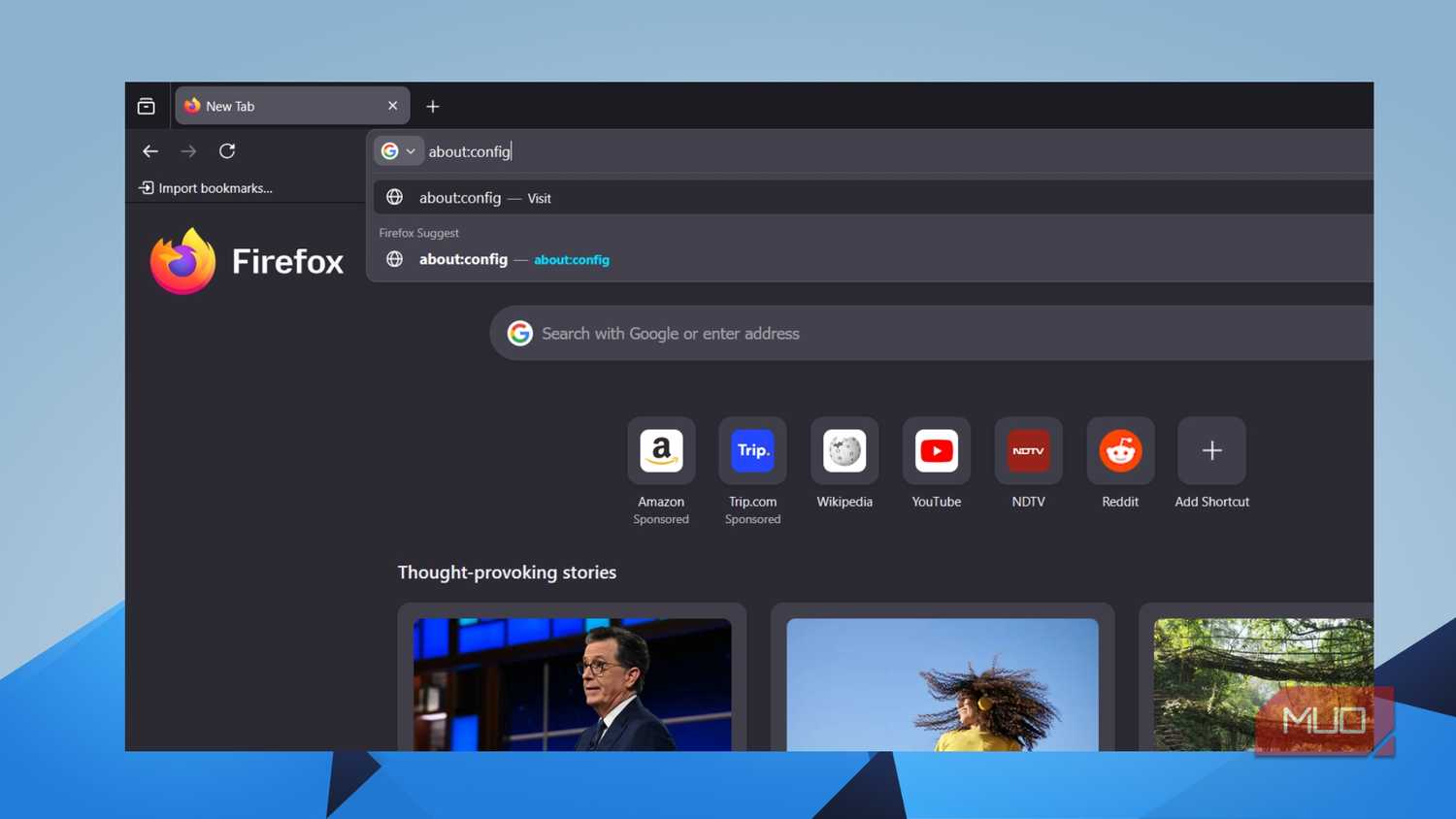 Firefox address bar with about:config typed and autocomplete suggestions shown