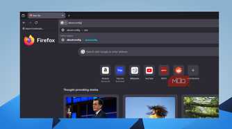 Firefox address bar with about:config typed and autocomplete suggestions shown