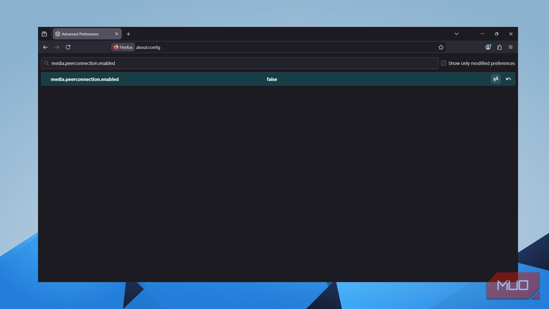 Firefox about:config showing media.peerconnection.enabled set to false