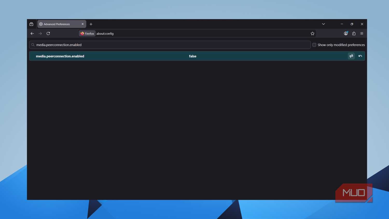 Firefox about:config showing media.peerconnection.enabled set to false
