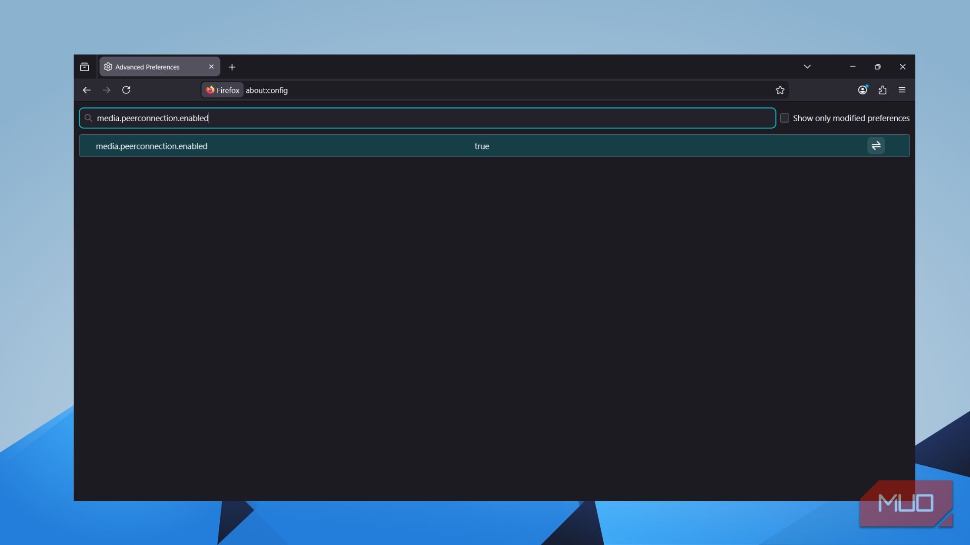 Firefox about:config showing media.peerconnection.enabled set to true