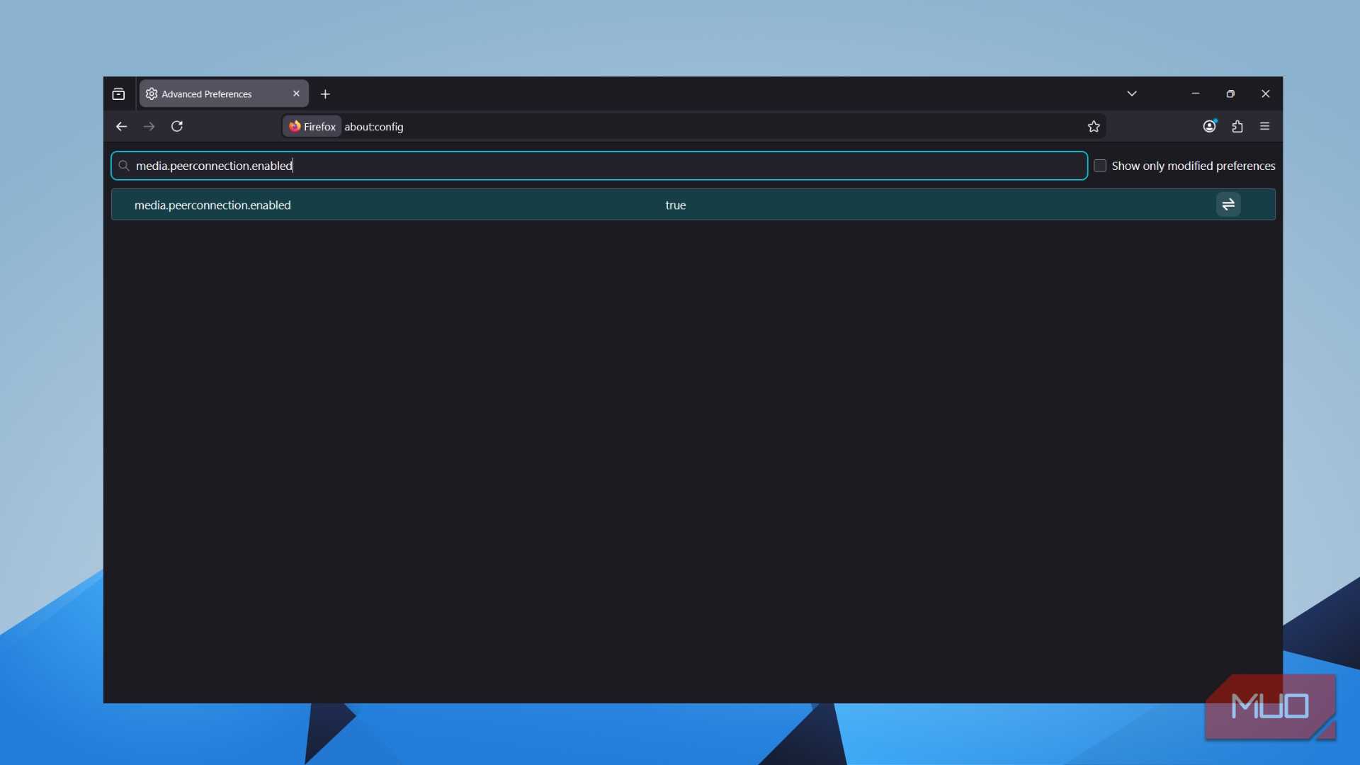 Firefox about:config showing media.peerconnection.enabled set to true