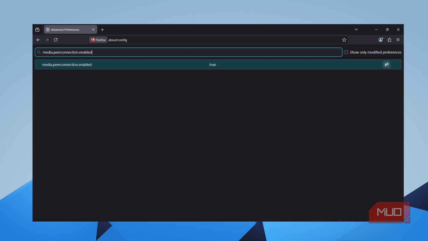 Firefox about:config showing media.peerconnection.enabled set to true
