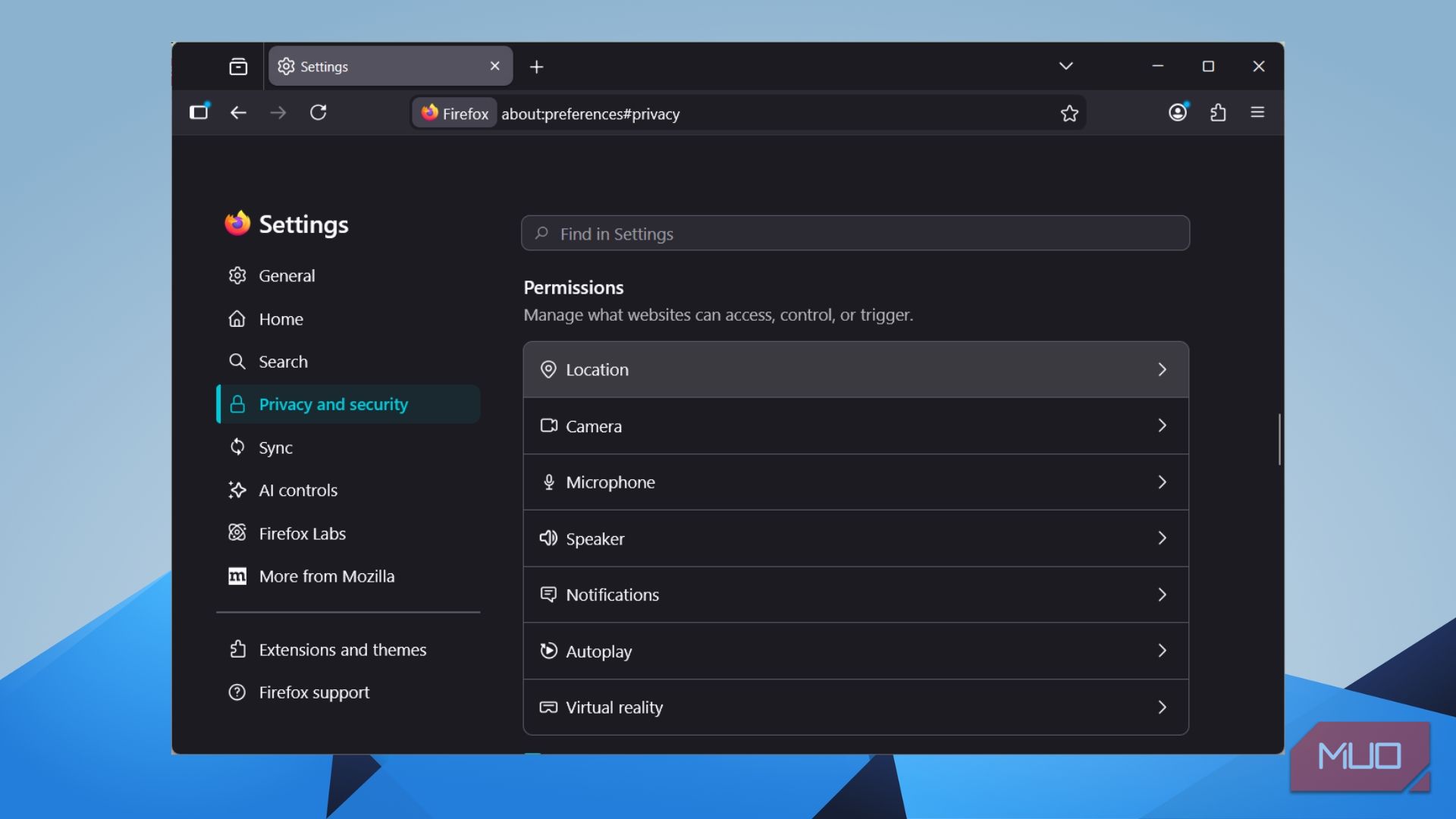 Firefox Privacy and Security settings showing the Permissions section with Location highlighted