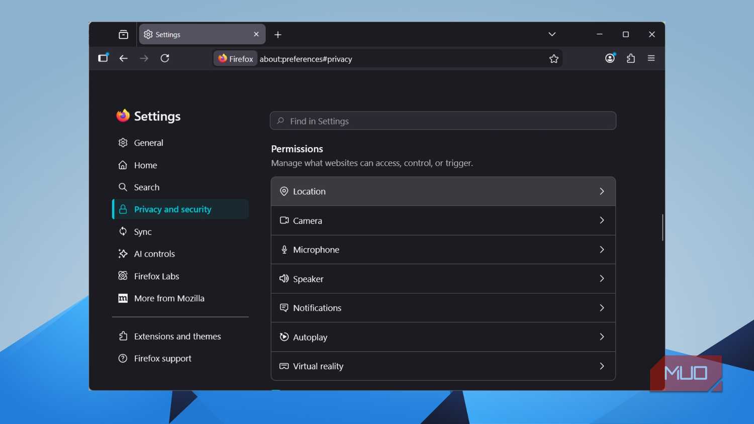 Firefox Privacy and Security settings showing the Permissions section with Location highlighted