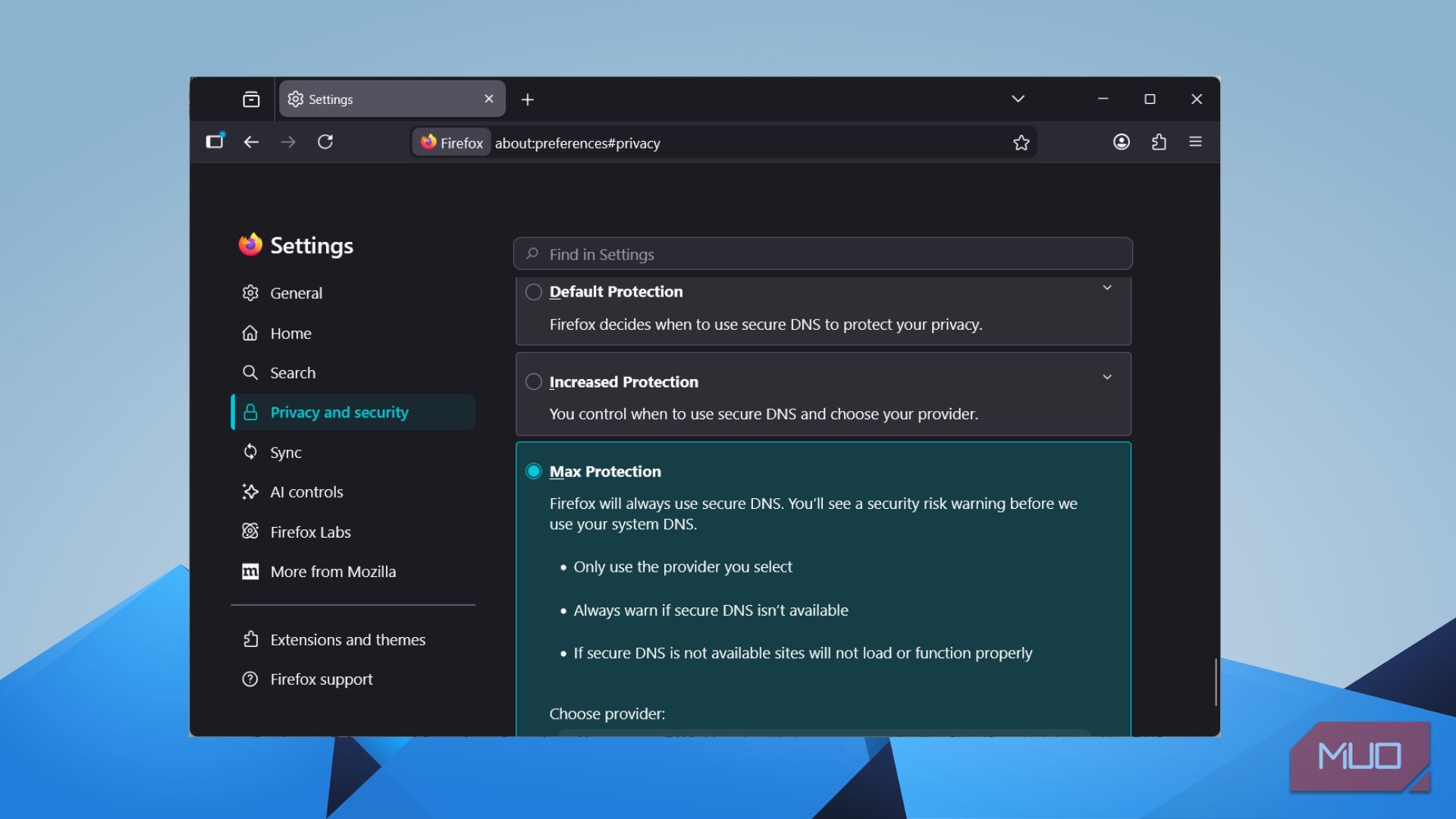 Firefox DNS over HTTPS settings with Max Protection option selected