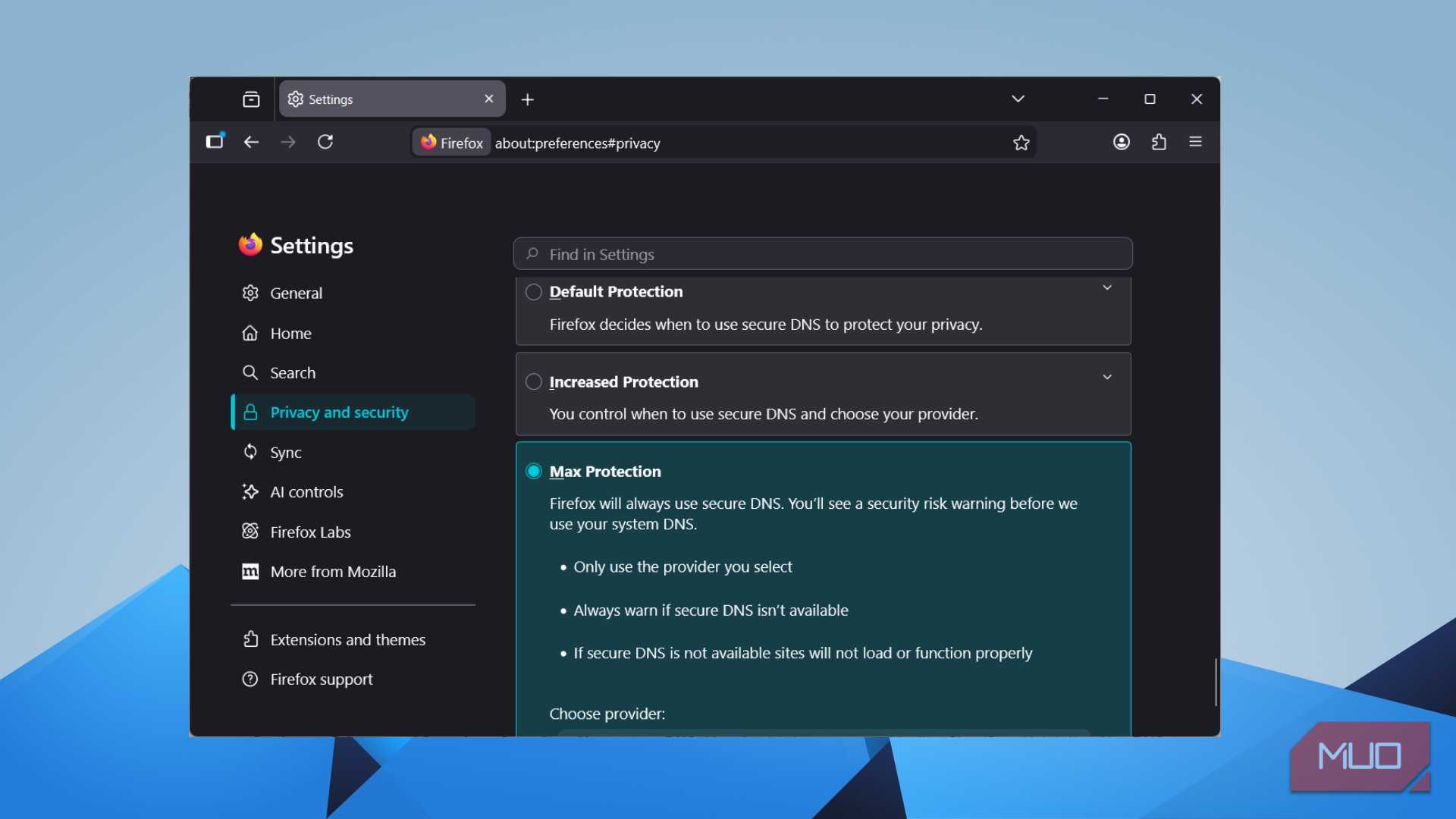 Firefox DNS over HTTPS settings with Max Protection option selected