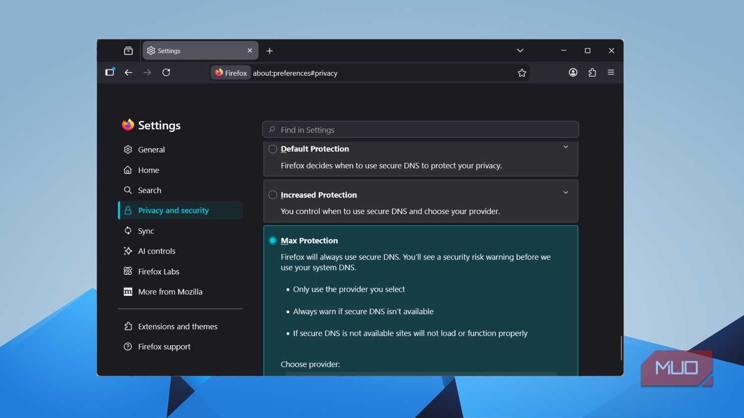 Firefox DNS over HTTPS settings with Max Protection option selected