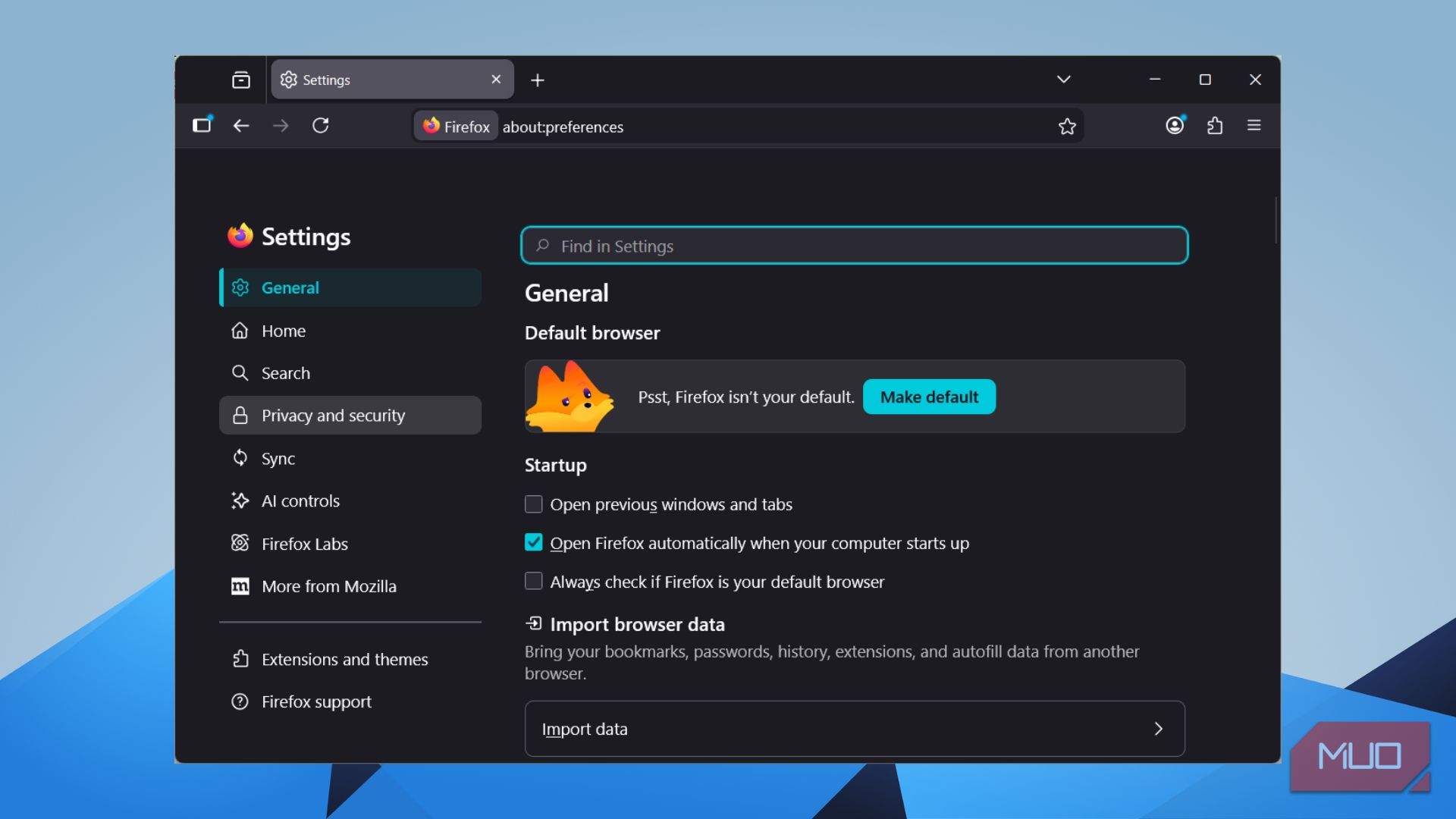 Firefox General settings page showing default browser and startup options