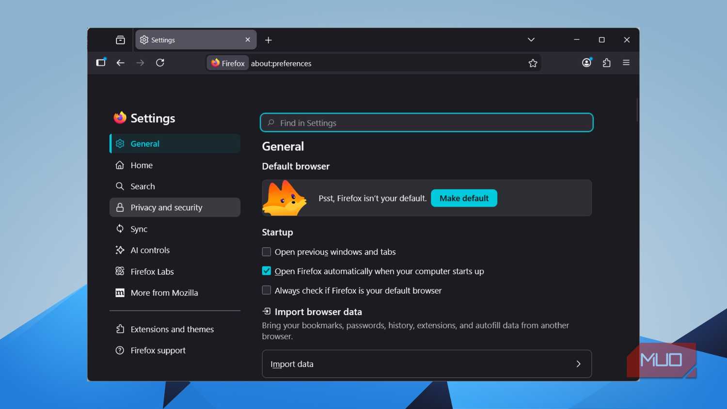 Firefox General settings page showing default browser and startup options