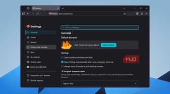 Firefox General settings page showing default browser and startup options