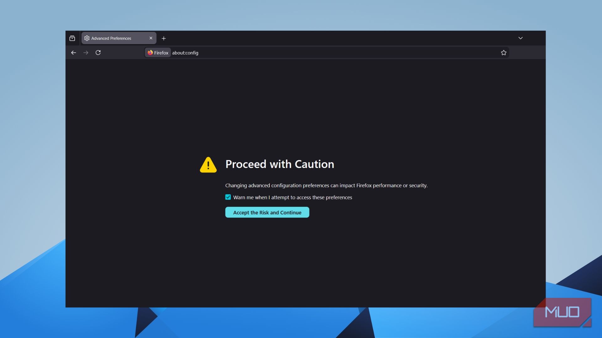 Firefox about:config "Proceed with Caution" warning screen