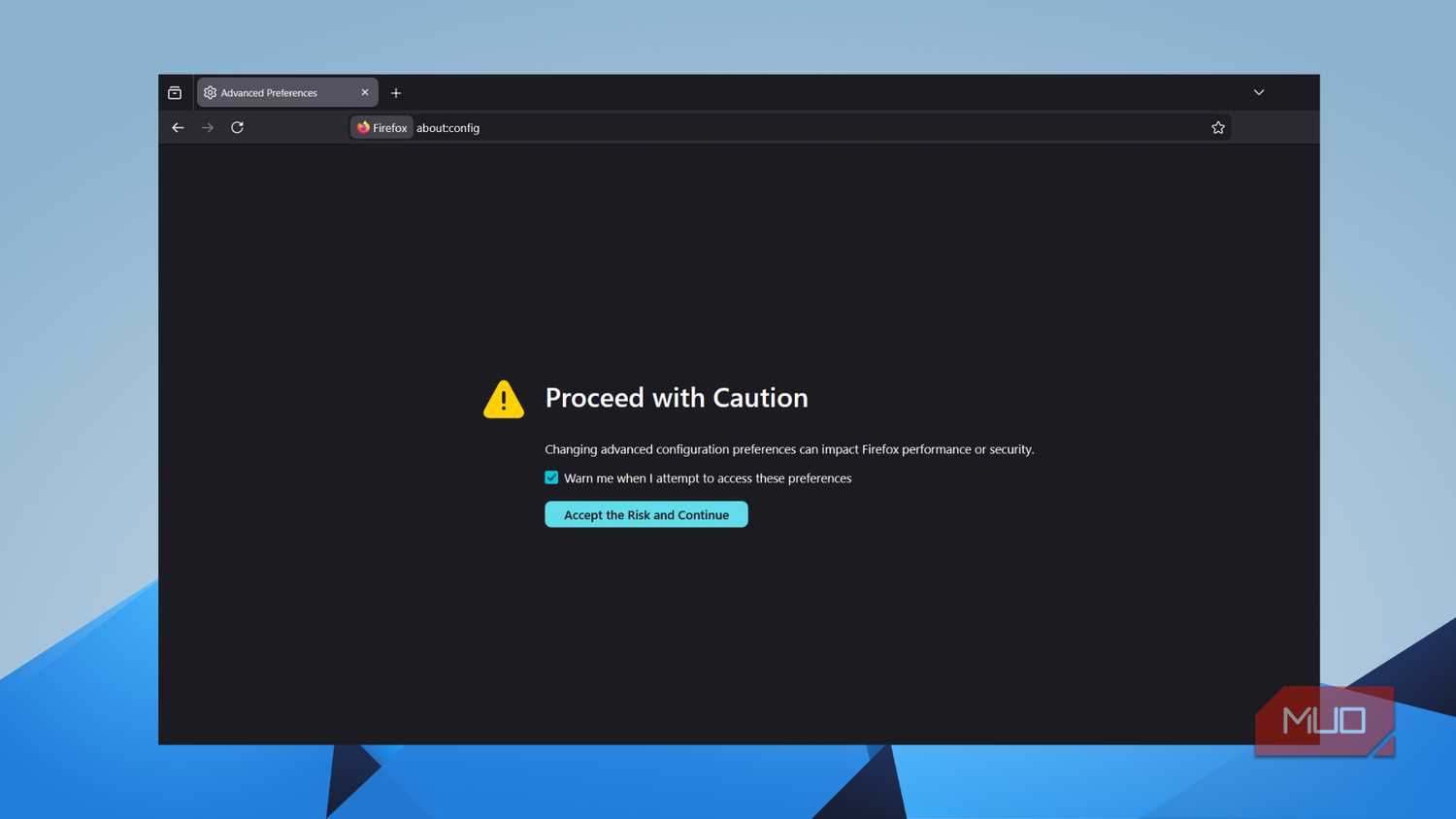 Firefox about:config "Proceed with Caution" warning screen