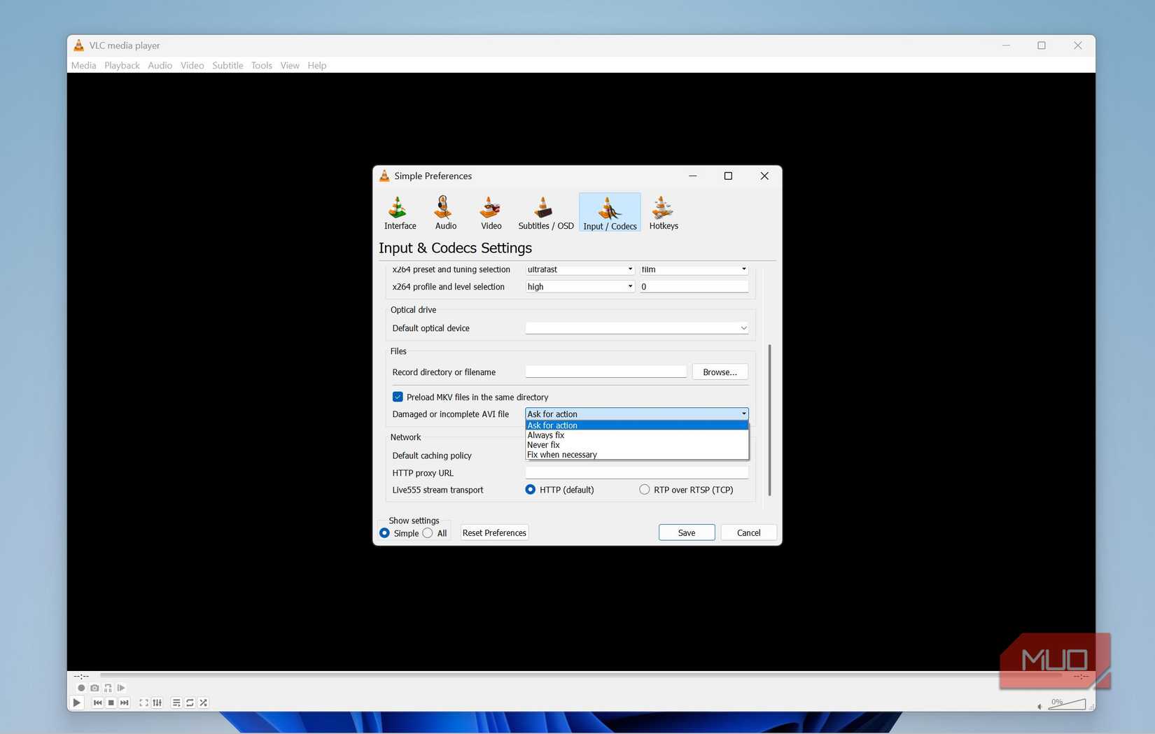Fix AVI files drop-down menu in VLC Media Player